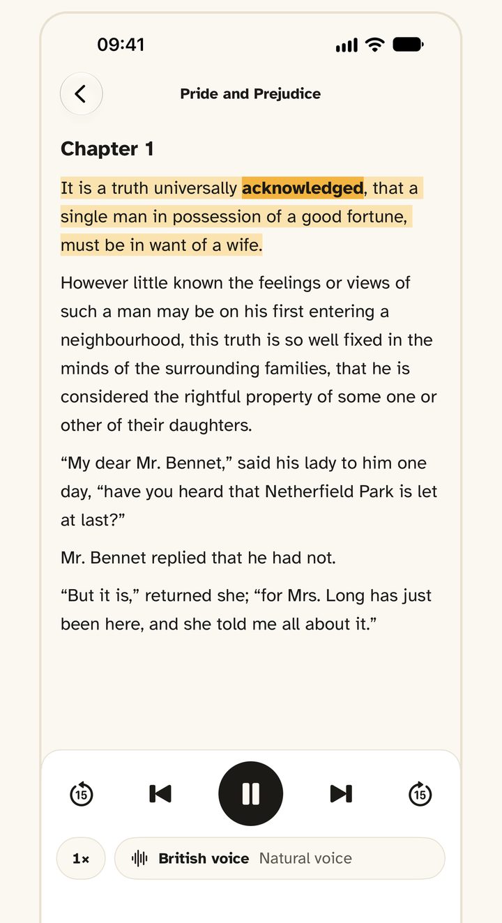 PrivRead reading Pride and Prejudice aloud, with the sentence being read highlighted and the spoken word picked out in amber